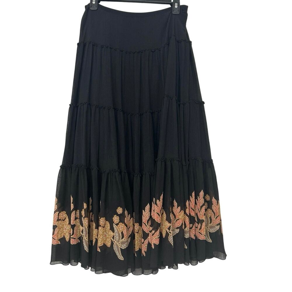 Tommy Bahama Silk Cotton Tiered Midi Skirt Black Border Print Boho Flowy M